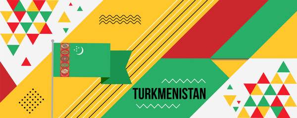 Turkmenistan National or Independence Day abstract banner design with flag and map. Flag color theme geometric pattern retro modern Illustration design. Green, red and yellow color template.