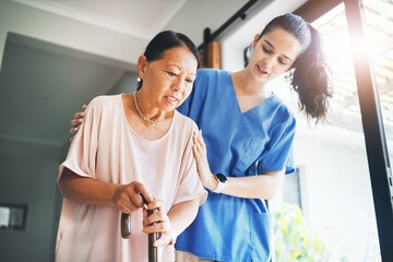 Walking stick, senior woman and nurse for home support, helping and kindness with retirement or...