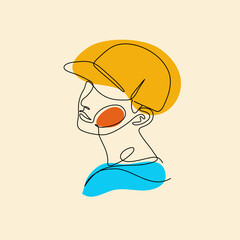 People pose side with cap. Modern minimalist continuous line art portrait. Concept Vector IllustrationWomen abstract with sum