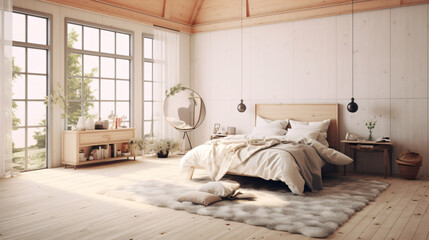 An artistic rendering of a cozy bedroom interior