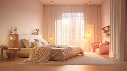 An artistic rendering of a well-lit evening bedroom, capturing the essence of relaxation and comfort in the evening against a clean white backdrop, perfect for Instagram posts and text overlays about 