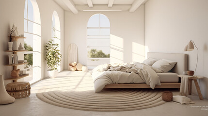 A serene and sunlit bedroom in the early morning