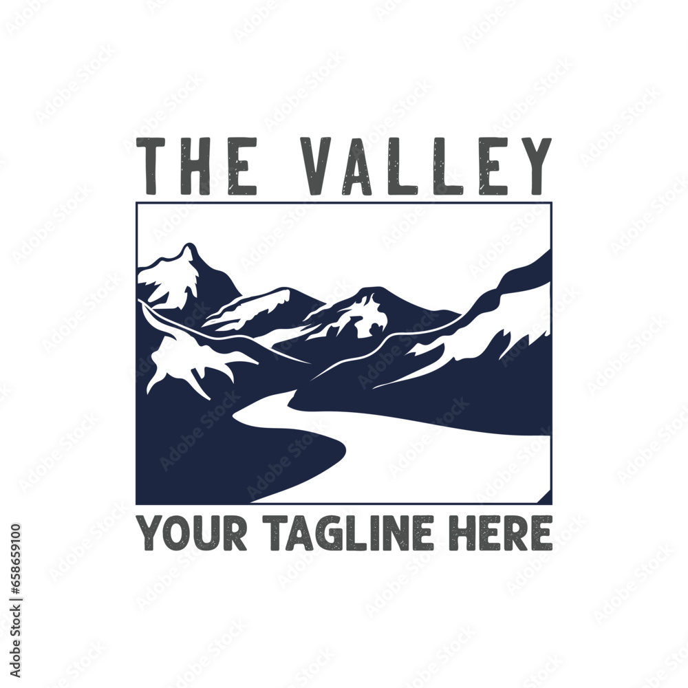 Wall mural ice mountain with canyon valley river creek for outdoor adventure logo design