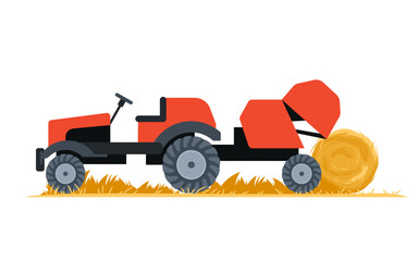 Agriculture tractor hay baler vector illustration. Cartoon isolated industrial red agri machine collecting yellow hay into round bale stacks on farm field, village equipment and agronomy machinery