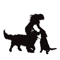 Vector silhouettes of girl with her dogs on white background. Symbol of pets and canine.