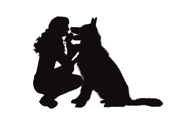 Vector silhouettes of girl with her dog on white background. Symbol of pet and canine.