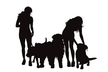 Vector silhouettes of girls with their dogs on white background. Symbol of pets and canine.