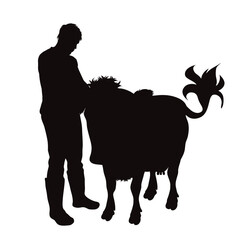 Vector silhouette of man with cow on white background. Symbol of farm and cattle.