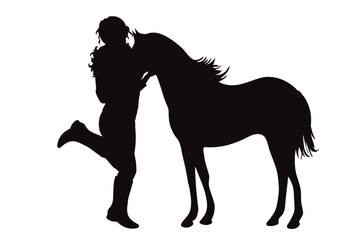 Vector silhouettes of girl with her foal on white background. Symbol of farm.