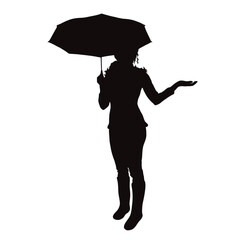 Vector silhouette of woman with umbrella on white background. Symbol of rain and weather.