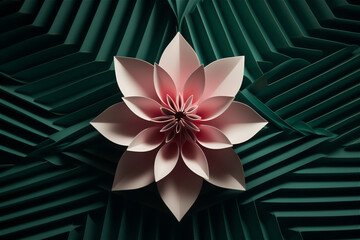 beautiful geometric pink and white flower on a green striped  background