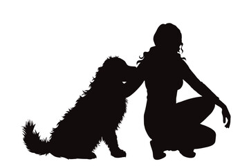 Vector silhouettes of girl with her dog on white background. Symbol of pet and canine.