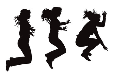 Vector silhouette of set of women jumping on white background. Symbol of sport and happiness.