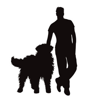 Vector silhouettes of boy with his dog on white background. Symbol of pet and canine.
