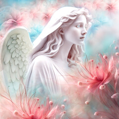 angel archangel with romantic etheral flowers and background like angelic art and artistic concept of guardian angel 