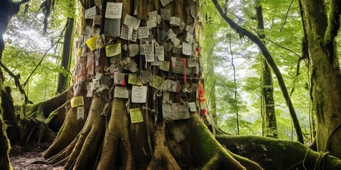 An old tree in the forest, wrapped with messages of gratitude and positive affirmations from hikers, concept of Peaceful serenity