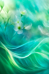Fototapeta na wymiar romantic abstract floral artistic background with poetic white flower, poetic etheral waves in white and green aquamarine colors and copy space