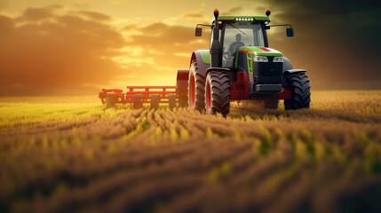 Tractor in field, warm sunset light