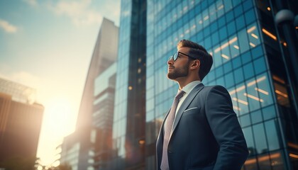 A businessperson stands and looking at the sky, with a business building in the background. - obrazy, fototapety, plakaty