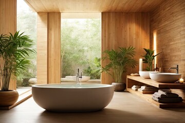 Fototapeta premium Tranquil Zen-Inspired Bathroom Interior Design Oasis with Natural Wood and Stone Accents, AI Generated