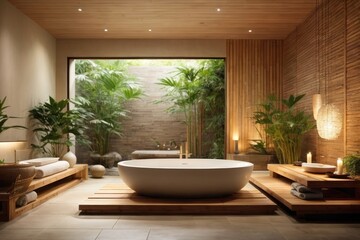 Tranquil Zen-Inspired Bathroom Interior Design Oasis with Natural Wood and Stone Accents, AI Generated