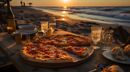 pizza on a table in the beach - obrazy, fototapety, plakaty