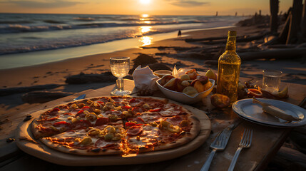 pizza on a table in the beach - obrazy, fototapety, plakaty