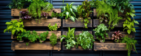 Old pallets with hanging green plants,