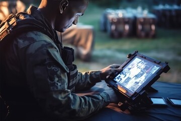 A soldier uses a tablet PC. Reconnaissance and viewing of satellite data. Strategic planning of operations based on satellite tracking systems. Armored personnel carrier and tank in the background.