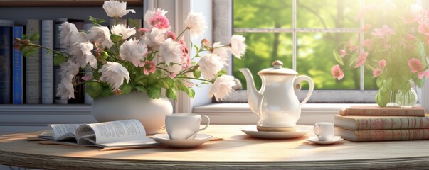 Fototapeta na wymiar Hot tea in a cup ready on the table. Cups and teapot ready for tea. Generative AI.
