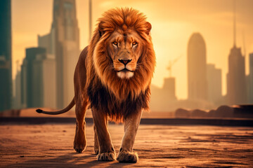 Lonely lion walking on the empty city square floor with a skyline scenery of glass skyscrapers