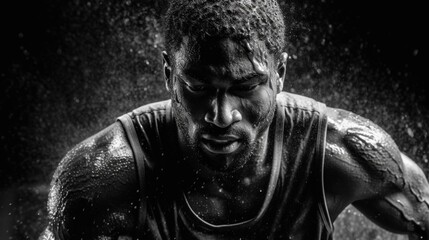 Fictitious African American athlete plays basketball in the rain close-up black and white photo for...