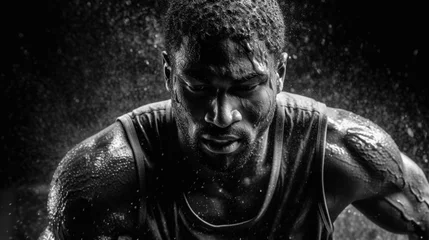 Deurstickers Fictitious African American athlete plays basketball in the rain close-up black and white photo for advertising AI generative © Jordan