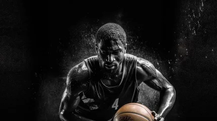 Zelfklevend Fotobehang Fictitious African American athlete plays basketball in the rain black and white photo for advertising AI generative © Jordan