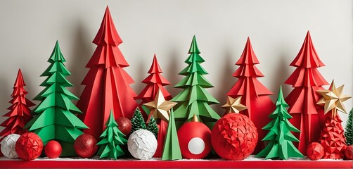 Fototapeta premium Paper mache christmas decoration on white background. Christmas trees and ornaments.