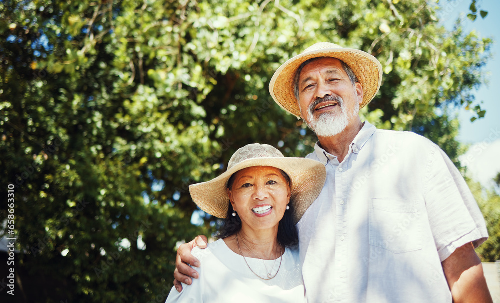 Wall mural Happy, senior couple and portrait on farm, outdoor and home in countryside with happiness in countryside. Old people, farming and hug with smile for retirement, nature or freedom in environment