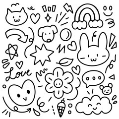 Doodle hand drawn with black line. Cat ,dog, cloud, heart, sparkle, rabbit, flower, arrow for element