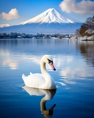Generate an image that showcases a majestic, snow-capped mountain, resembling Mount Fuji, in the backdrop.