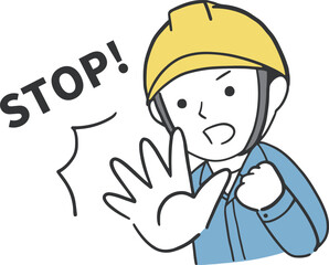 手の平でSTOPをする男性作業員のイラスト素材