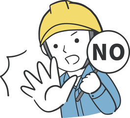 プレートと手でNOを表現する男性作業員のイラスト素材