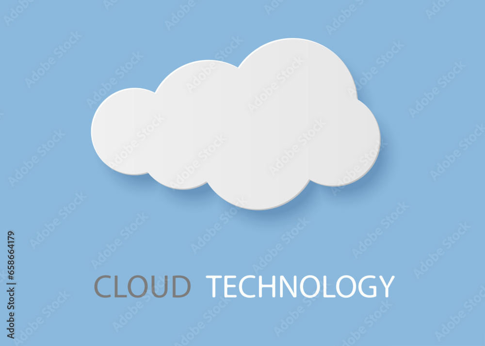 Poster Cloud technology. White paper cut cloudy air shape. Origami cumulus. Digital computing. Data storage. Online communication service. Database server. Information hosting. Vector background