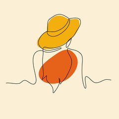 Girl posing from behind wearing a summer hat. Minimalist modern continuous line art portrait. For wallpaper print. Beauty salon art print. Concept Vector illustration