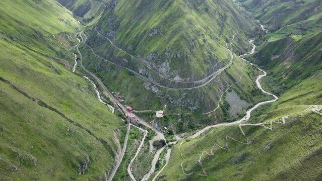 Aerial of Nariz del Diablo, devil&rsquo;s nose, a famous railroad track in the andes of Ecuador, so steep, it has to zig zag up the mountains with reversing into dead ends, South America
