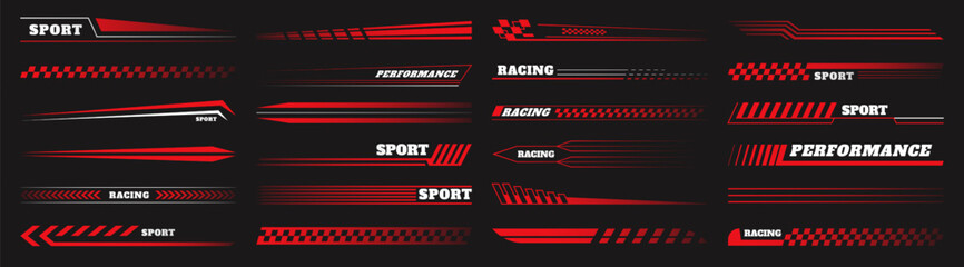 Race stripes. Sport car design. Line flag stickers. Speed wrap checker for bike or motorcycle. Automobile side abstract decoration. Rally performance. Vector background elements set - obrazy, fototapety, plakaty