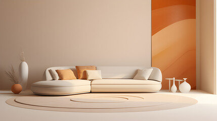 Modern interior japandi style. 3d render illustration.  home mockup minimalistic living room.
