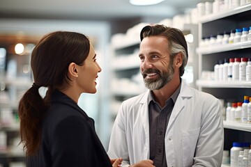Pharmacist talking about a medication advice with a customer girl