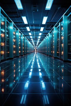 Futuristic data center room full of racks with servers