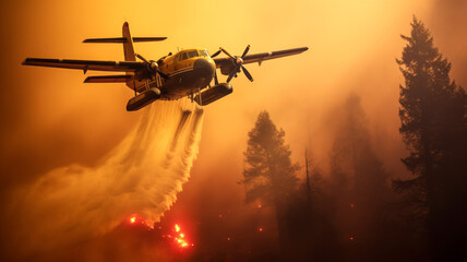 Firefighting aircraft extinguishing a forest fire by dumping water on a burning forest