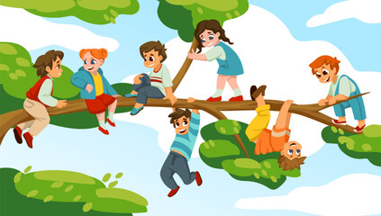 Obraz na płótnie Canvas Children characters. Happy child play in school, hang on tree in summer day. Happy boys and girls on playground or in park walking. Childish friendship. Vector cartoon flat isolated illustration