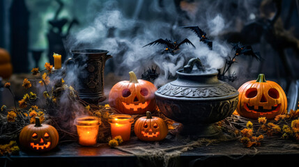 Halloween decoration with pumpkins, bats and candles on dark background - Powered by Adobe